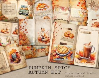 May include: A collection of vintage-style digital papers and illustrations with a fall theme. The images include pumpkins, a fox, a truck, and fall leaves. The text reads "Pumpkin Spice Autumn Kit" and "Welcome to our Farmhouse".
