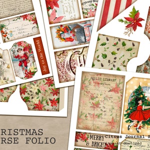 Folio de Navidad, Kit de diario basura, Efímera imprimible, Etiqueta de Santa, Etiqueta de diario, Efímera de Navidad, Navidad vintage, Poinsettia, Etiqueta floral