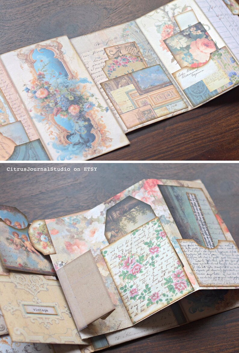 May include: A multi-page scrapbook with a vintage aesthetic. The pages are decorated with floral patterns, handwritten text, and images. The scrapbook is closed, but the pages are visible, revealing the intricate details.