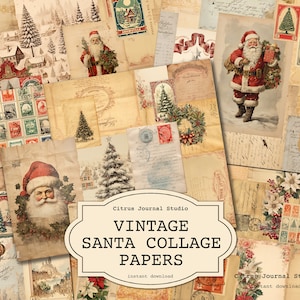 Père Noël vintage, Noël vintage, Papier collage, Papier décoratif, Collage de Noël, Arbre de Noël, Couronne, Timbre de Noël, Junk Journal
