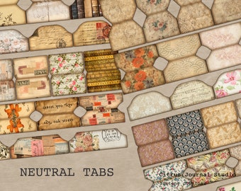 Junk Journal Tabs, Neutral Junk Journal Tabs, Vintage Ephemera, Embellishments, Printable Journal Tabs, Office Tabs, Neutral, Digital Kit