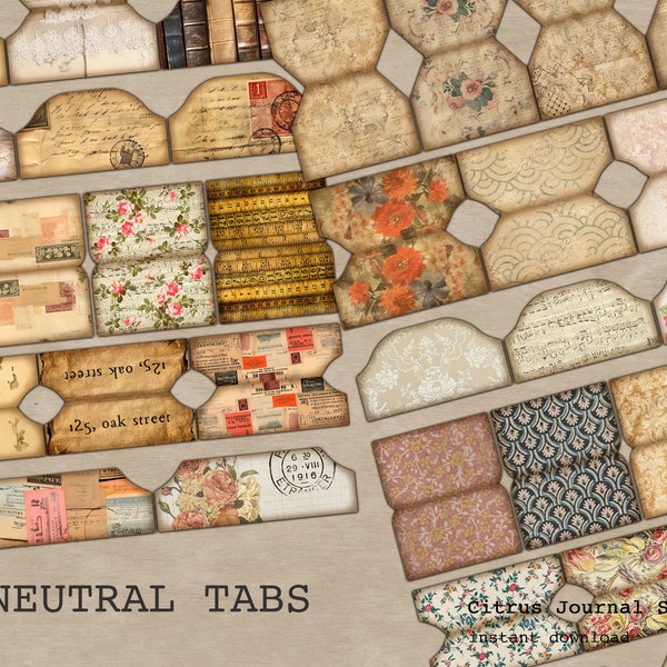 Junk Journal Tabs, Neutral Junk Journal Tabs, Vintage Ephemera, Embellishments, Printable Journal Tabs, Office Tabs, Neutral, Digital Kit