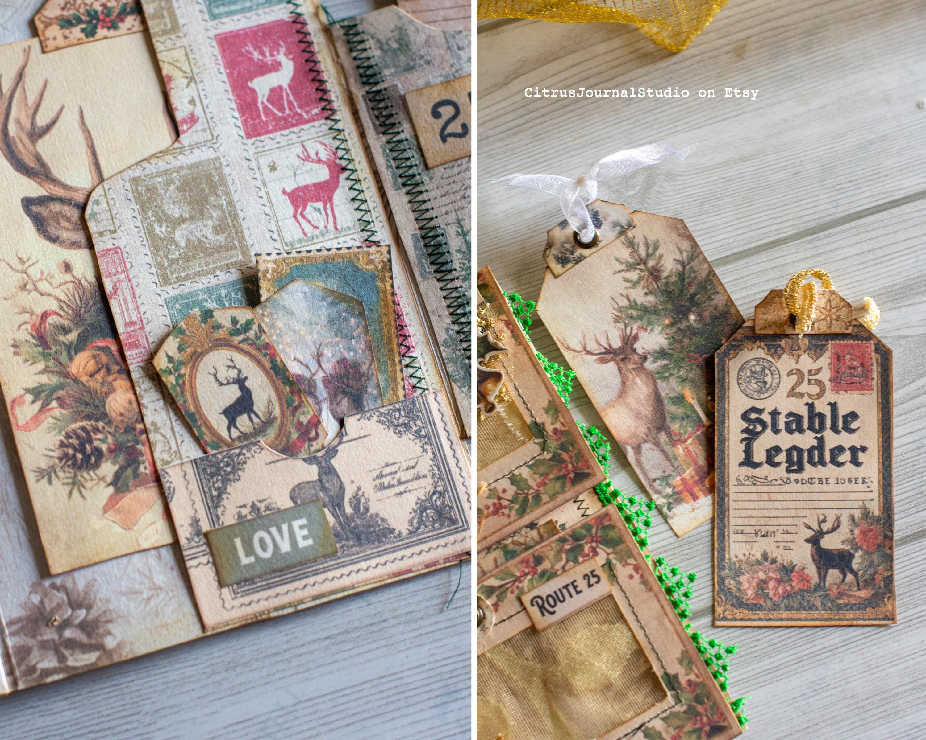 Reindeer Junk Journal Folio – Vintage Christmas Folding Folio Kit ...