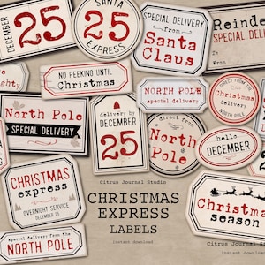 Etiketten december, 25 december, rendierlabels, vintage kerstmis, etiketten voor de feestdagen, etiketten voor tijdschriften, etiketten noordpool, kerstexpress