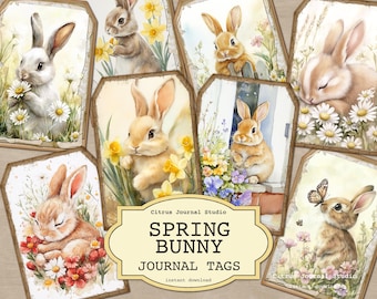 Cute Bunny Tags, Spring Bunny Tags, Daisy Junk Journal Tags, Easter Tags, Daffodils Journal Tags, Spring Junk Journal Tags, Cute Rabbit Tags