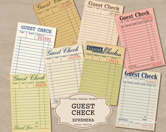 Guest Check Ephemera, Junk Journal Ephemera, Journal Insert, Vintage Journal Cards, Digital Download, Printable Ephemera, Neutral Ephemera