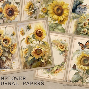 Sunflower Junk Journal, Sunflower Paper, Floral Junk Journal, Yellow Floral, Vintage Journal, Junk Journal Kit, Digital Kit, Butterfly Paper