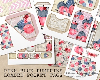 May include: A digital printable sheet featuring pink and blue pumpkin illustrations, floral accents, and vintage script text. The collection includes various tags, pockets, and decorative elements with a cohesive color palette of red, pink, and blue.