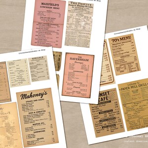 Peut inclure: Plusieurs menus de restaurants anciens, pr&eacute;sentant divers designs et mises en page. Les menus utilisent diff&eacute;rentes polices et styles, certains imprim&eacute;s sur du papier rose et beige. Les titres incluent "Maxfield's", "The Phenix" et "Mahoney's".