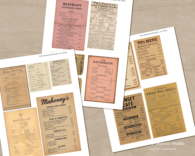 Peut inclure: Plusieurs menus de restaurants anciens, pr&eacute;sentant divers designs et mises en page. Les menus utilisent diff&eacute;rentes polices et styles, certains imprim&eacute;s sur du papier rose et beige. Les titres incluent "Maxfield's", "The Phenix" et "Mahoney's".