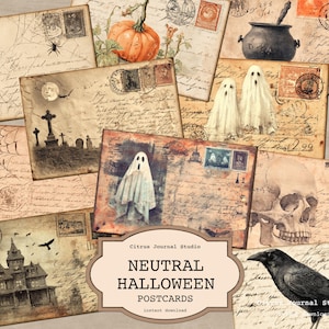 May include: A collection of vintage-style Halloween postcards with spooky illustrations. The postcards feature images of ghosts, a skull, a crow, a haunted house, a pumpkin, and spiderwebs. The text on the postcards reads "Neutral Halloween Postcards" and "Citrus Journal Studio".