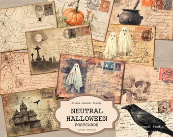 Neutral Halloween Postcards – Spooky Ghost Journal Ephemera, Vintage Haunted Home Printable, Raven Junk Journal Inserts