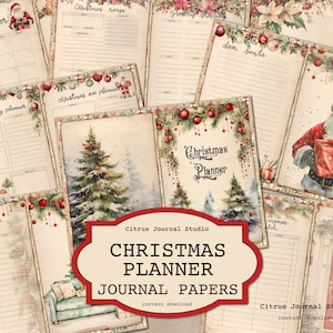 Op de afbeelding: Een verzameling kerst-thema journaalvellen met diverse ontwerpen. De vellen bevatten illustraties van de kerstman, kerstbomen en decoratieve randen met tekst zoals "Christmas Planner" en "December".