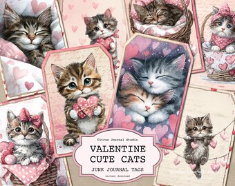 Valentine Cute Cats Junk Journal Tags, Romantic Love Digital Kit