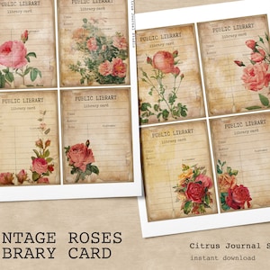 Shabby Roses Library Card, ATC, Digital Kit, Ephemera, Vintage, Journal Card, Scrapbook, Junk Journal, Decorative Sheet, Vintage Roses