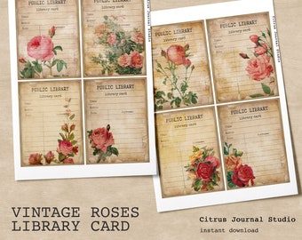 Shabby Roses Library Card, ATC, Digital Kit, Ephemera, Vintage, Journal Card, Scrapbook, Junk Journal, Decorative Sheet, Vintage Roses