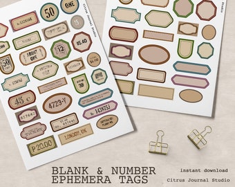 Junk Journal Kit, Number Tags, Blank Tags, Vintage, Ephemera, Embellishments, Printable Tags, Decorative Paper, Collage Sheet, Digital Kit