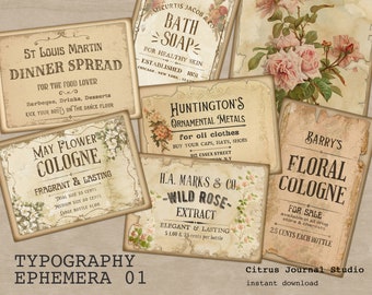 Typography Ephemera, Junk Journal Kit, Vintage Tags, Vintage Ephemera, Embellishments, Digital Journal Kit, Vintage Label, Neutral Ephemera