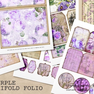 Shabby Purple, Folio Journal, Junk Journal, Folha de Colagem, Shabby Roses, Etiquetas de Diário, Ephemera Embellishment Trifold Floral Journal, Roxo
