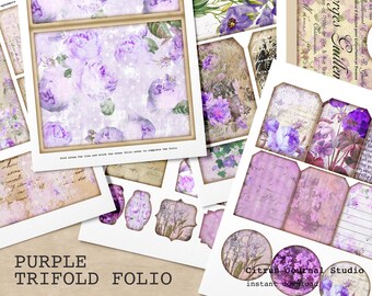 May include: A collection of purple floral-themed ephemera, including tags, circles, and a trifold folio. The designs feature watercolor-style illustrations of purple flowers and vintage paper textures. Text includes "Purple Trifold Folio" and "Citrus Journal Studio."