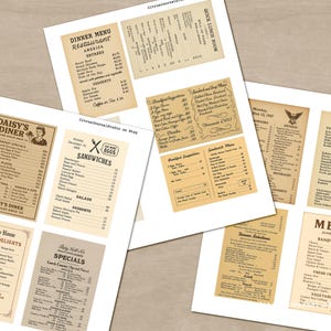Peut inclure: Plusieurs menus de restaurant vintage imprim&eacute;s sur du papier vieilli. Les menus pr&eacute;sentent divers designs, dont "Daisy's Diner", "Dinner Menu Restaurant America" et "Willow House Morning Delights". Les menus listent des entr&eacute;es, des sandwichs, des salades et des desserts.