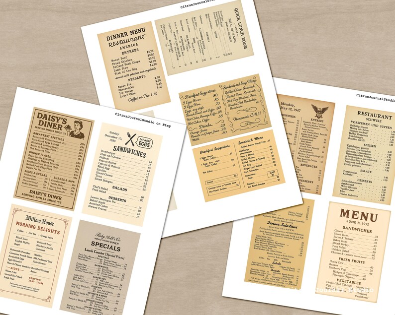 Peut inclure: Plusieurs menus de restaurant vintage imprim&eacute;s sur du papier vieilli. Les menus pr&eacute;sentent divers designs, dont "Daisy's Diner", "Dinner Menu Restaurant America" et "Willow House Morning Delights". Les menus listent des entr&eacute;es, des sandwichs, des salades et des desserts.