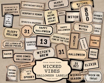 May include: A collection of vintage-style Halloween labels with phrases like "Wicked Vibes," "Happy Halloween," and "Trick or Treat." The labels feature a cream and black color scheme, perfect for crafting or party decorations.