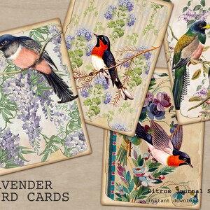 Vintage Vögel, Journal Karten, Junk Journal Kit, Ephemera, ATC, Journal Tags, Lavendel Blumen, Journal Insert, Floral ATC, Junk Journaling