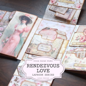 Diário do Dia dos Namorados, livro de colo de encontro, diário de lixo de amor, etiquetas de rosas cor de rosa, coisas efêmeras de amor, encarte de diário, mulheres vintage, abas de bolso