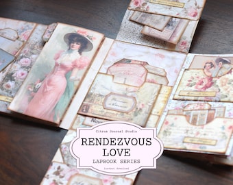 Valentines Day Journal, Rendezvous Lap Book, Love Junk Journal, Pink Roses Tags, Love Ephemera, Journal Insert, Vintage Women, Pocket Flaps