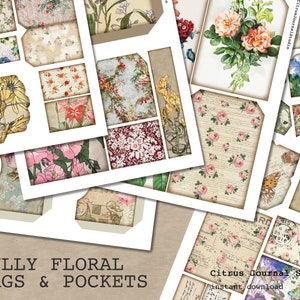 Junk Journal Kit, Floral Ephemera, Pocket Tags, Journal Tags, Ephemera, Junk Journal, Loaded Envelope, Vintage Flowers, Roses Junk Journal