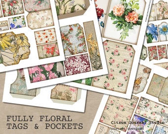 May include: A set of printable floral tags and pockets with a variety of floral patterns and designs. The text "FULLY FLORAL TAGS & POCKETS" and "Citrus Journal Studio" is visible on the image.
