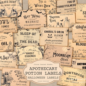 May include: A collection of vintage-style apothecary potion labels with various spooky names like "Grave Dust," "Bat Wing Extract," and "Ghoul's Grin Elixir." The labels are beige with black text and illustrations, perfect for Halloween.
