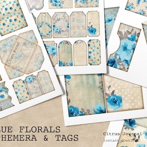Blue Ephemera, Junk Journal Kit, Ephemera, Junk Journaling, Digital Kit, Embellishments Loaded Envelope Pocket Tags Journal Tags Blue Floral