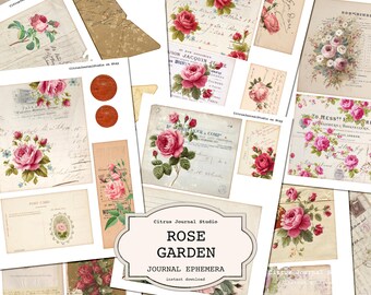Shabby Chic Roses Junk Journal Ephemera, Vintage Floral Tags