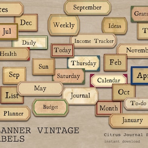 K&ouml;nnte beinhalten: Eine Sammlung von Etiketten im Vintage-Stil f&uuml;r Planer mit W&ouml;rtern wie "Notizen", "September", "Heute" und "Budget". Die Etiketten haben einen beigen Hintergrund mit roten, gr&uuml;nen und blauen R&auml;ndern. Der Text "Planner Vintage Labels" steht unten.