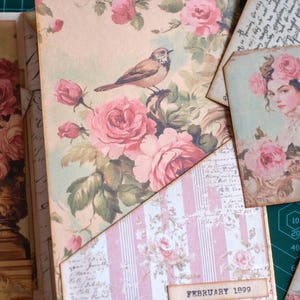 Pu&ograve; includere: Una copertina di diario in stile vintage con un uccello appollaiato su un ramo floreale, circondato da rose rosa. La copertina presenta una tasca a righe rosa e bianche e il testo "FEBRUARY 1899". Sono visibili ulteriori etichette floreali.