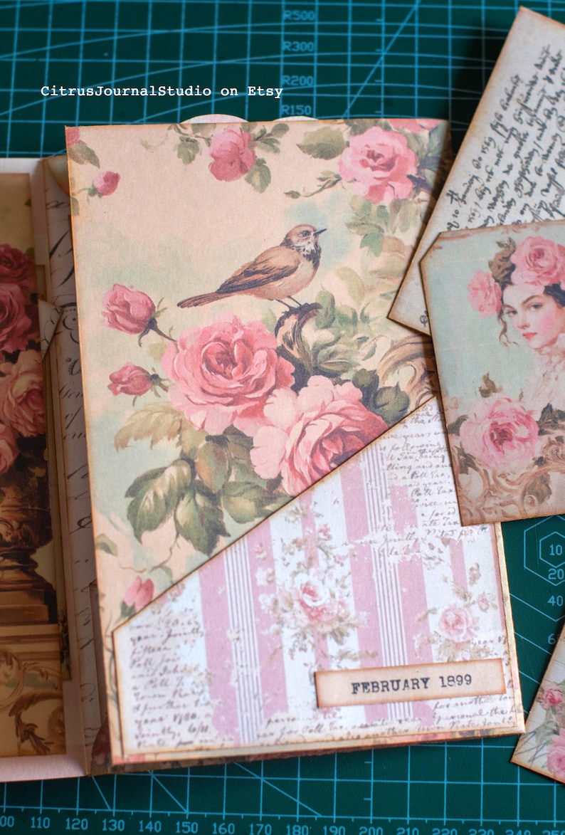 Pu&ograve; includere: Una copertina di diario in stile vintage con un uccello appollaiato su un ramo floreale, circondato da rose rosa. La copertina presenta una tasca a righe rosa e bianche e il testo "FEBRUARY 1899". Sono visibili ulteriori etichette floreali.