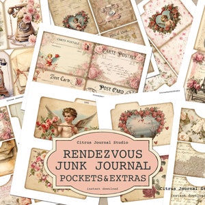 Valentinstag Tags, Amor Postkarten, Bibliothekskarten, Junk-Journal Taschen, Shabby Chic Tags, Paris Tags, Rosa Blumen Tags, Liebe Ephemera