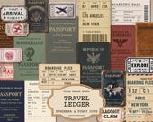 Vintage Travel Ephemera Pack, Passport Stamps, Ledger Pages, Boarding Pass Tickets, Printable Junk Journal Travel Kit, Digital Ephemera