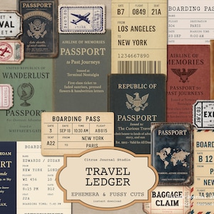 Pacote de itens de viagem vintage, carimbos para passaporte, folhas de registro, bilhetes de cartão de embarque, kit de viagem para diário de viagem para impressão, itens digitais