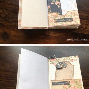 May include: A handmade journal with a floral design cover. The journal has a white paper interior and a black tag with the text "good vibes only".