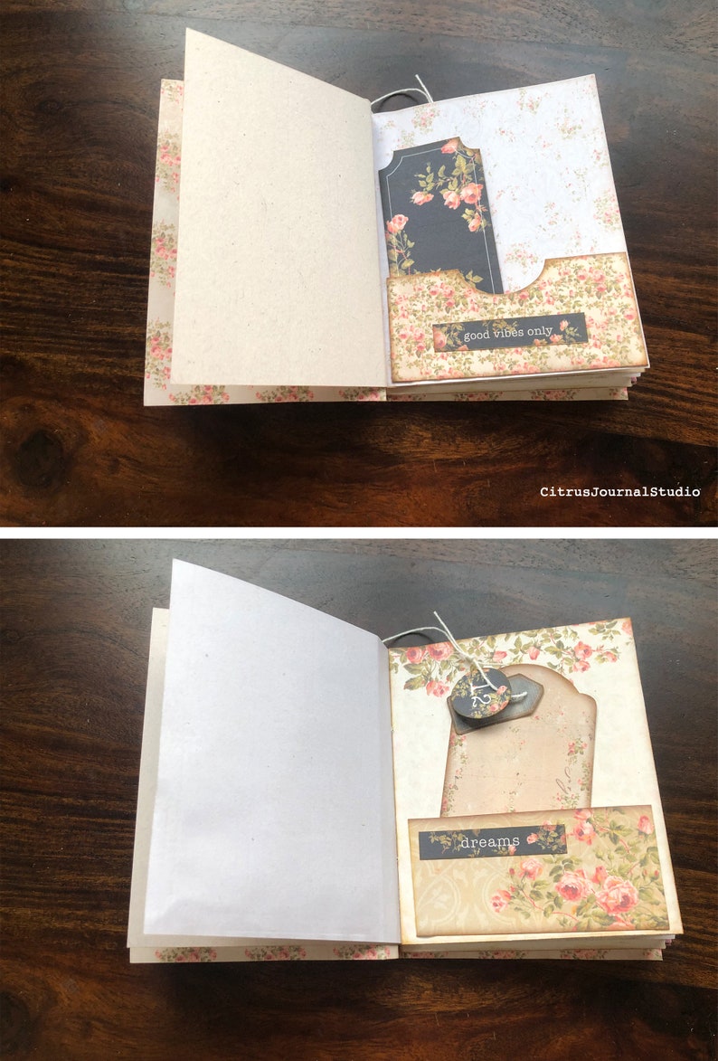 May include: A handmade journal with a floral design cover. The journal has a white paper interior and a black tag with the text "good vibes only".