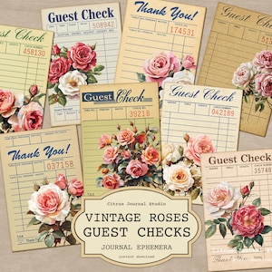 May include: A collection of vintage-style guest checks and thank you cards. Each card features a floral design with roses in shades of pink, red, and white. The cards have a worn, aged appearance, with text that reads "Guest Check" and "Thank You!"