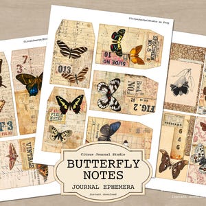以下が含まれることがあります： 蝶のイラストが特徴の、ヴィンテージスタイルのジャーナルエフェメラのコレクション。デザインには、「Butterfly Notes」などのテキストが書かれたタグ、ポストカード、装飾要素が含まれています。カラーパレットは主にベージュ、ブラウン、クリームです。