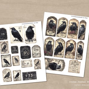 May include: Two sheets of vintage-style raven-themed ephemera. The sheets feature illustrations of black ravens, numbers, and text on aged paper. The designs include tags, labels, and rectangular shapes with various numbers.