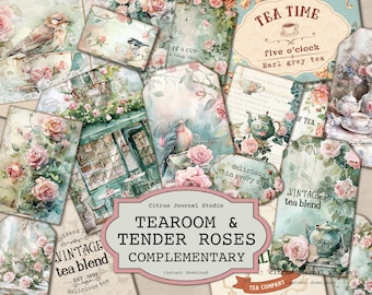 Tee Journal, Shabby Chic Tags, Rosen Journal Tags, Blumen Ephemera, Tea Time, Geladene Umschläge, Rosa Rosen Tags, Tee-Party, Taschenklappen