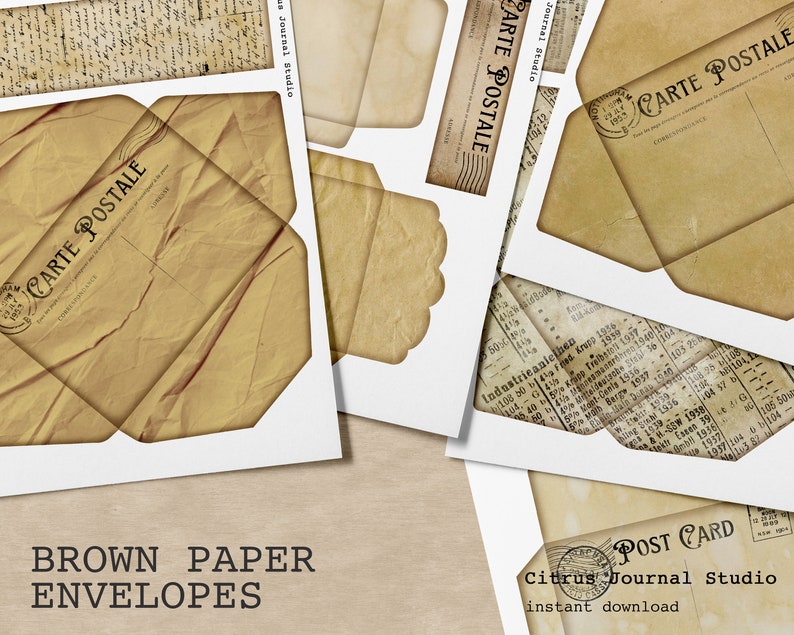 May include: A set of brown paper envelopes with a vintage look. The envelopes are decorated with the text "CARTE POSTALE" and "Journal Studio".