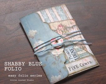 Shabby Blue Folio, Shabby Chic, Junk Journal Kit, Folio pieghevole, Tag diario, Ephemera, Carta digitale, Rose, Tasche caricate, Tag vintage
