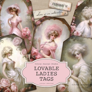 Damas vintage, Etiquetas victorianas, Etiquetas florales, Etiquetas de diario basura, Etiquetas digitales, Etiquetas del día de San Valentín, Etiquetas de rosas rosas, Etiquetas de diario vintage